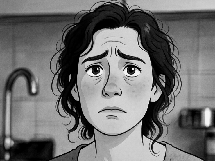 Depicts an unhappy woman sitting by the kitchen table worried about gluten and wheat flour cross-contamination and ncgs