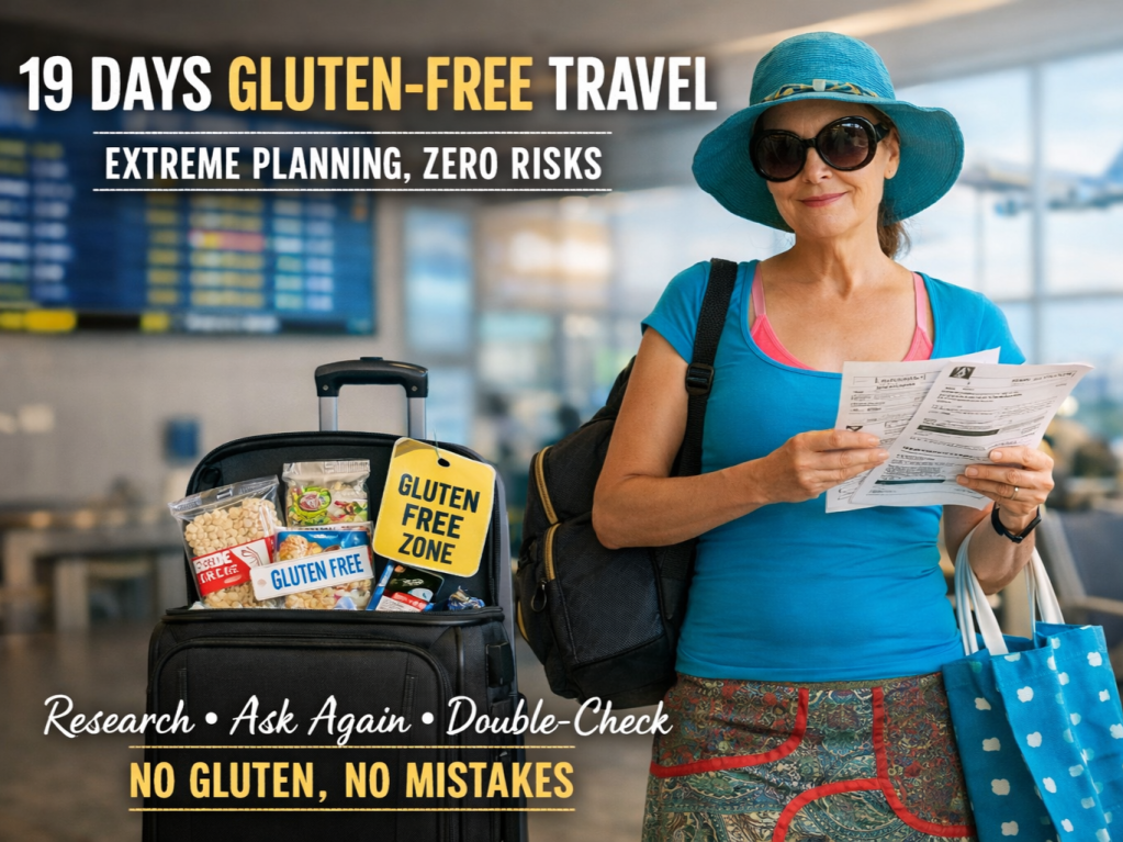 Holiday dressed woman travelling gluten-free standing in the airport by her luggage showing snacks