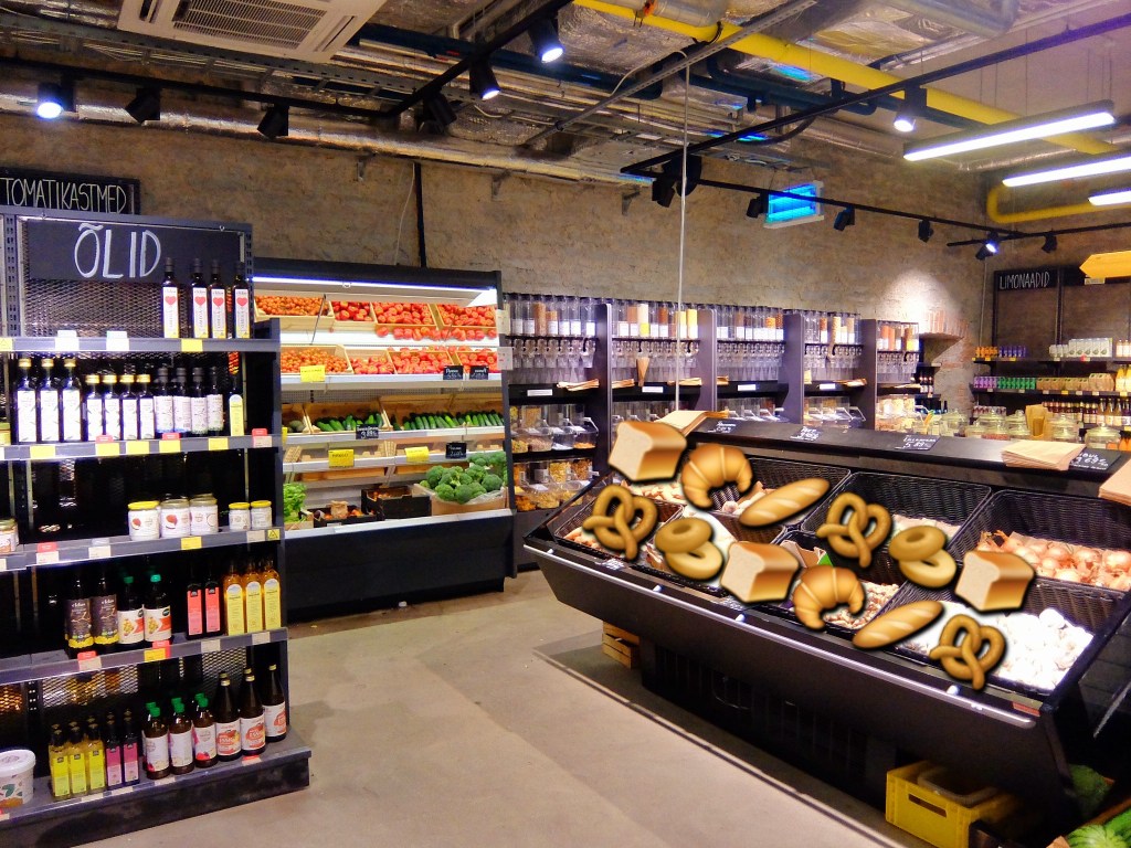 A picture of a bread aisle in a grocery store depicting risks with airborne gluten molecules that can trigger reactions from VOCs