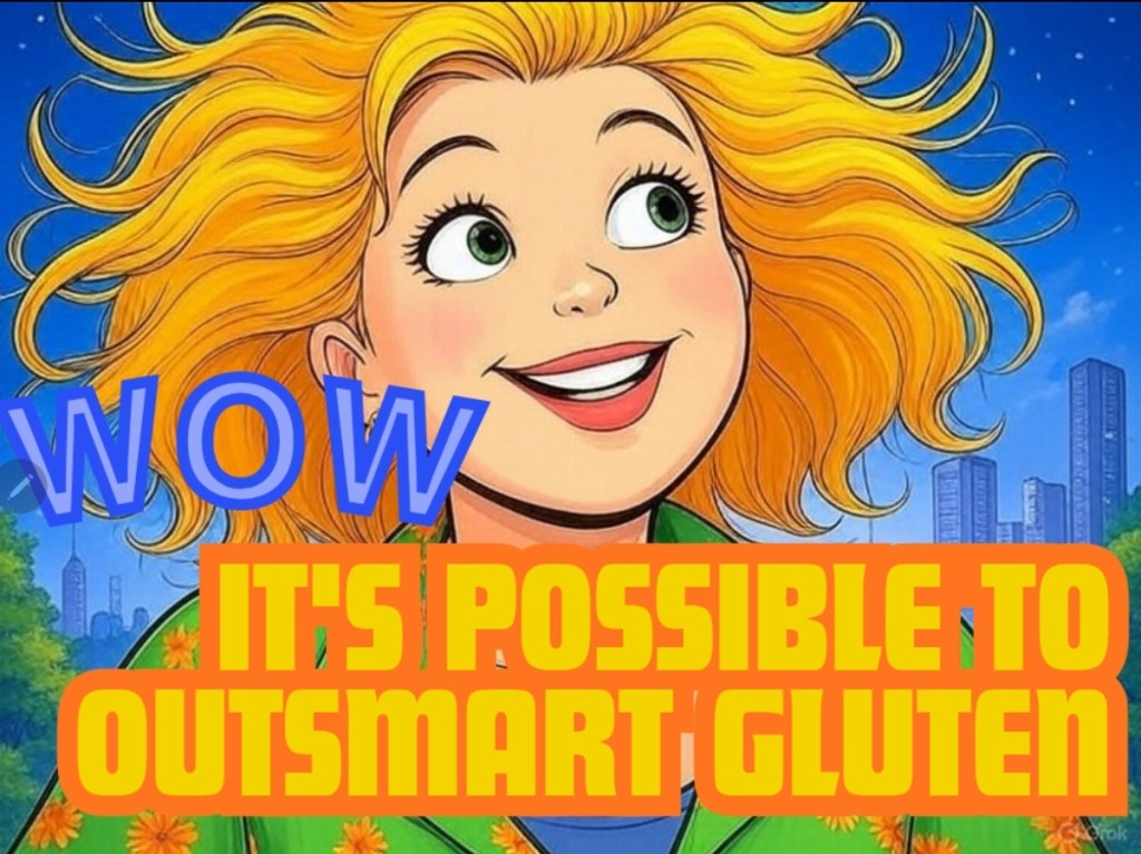 Cartoon of young girl expressing facial excitement over that it is possible to outsmart gluten