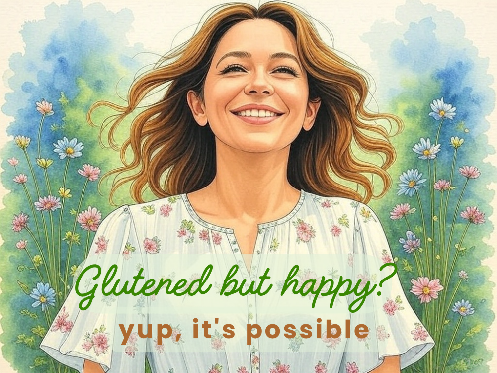 An aquarelle upper body picture of a happy young woman, smiling as she have enzymes for her glutenintolerance that breaks down gluten in foods