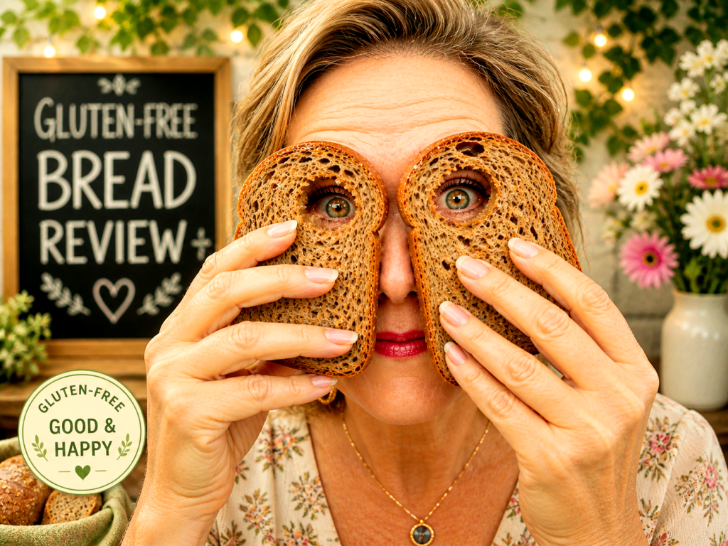 Pic of a woman's face illustrating gluten-free bread reviews by looking through two slices of bread with holes for her eyes and a sign in the background where it's written "gluten-free bread review"